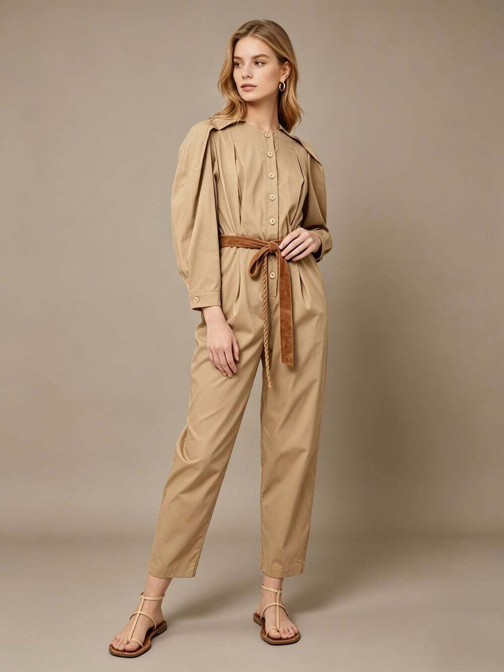$280 NWOT Farm Rio Cotton Blend Brown Raglan Sleeve Jumpsuit Size S - Picture 1 of 12